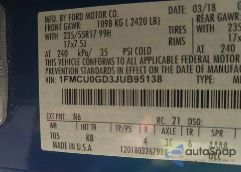 2018 Ford Escape Se from USA, damaged, VIN 1FMCU0GD3JUB95138